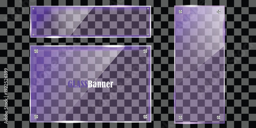 A modern glass banner design on a transparent background with a purple hue and checkered pattern silhouette