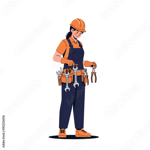 Female construction worker adjusting tools on her belt.