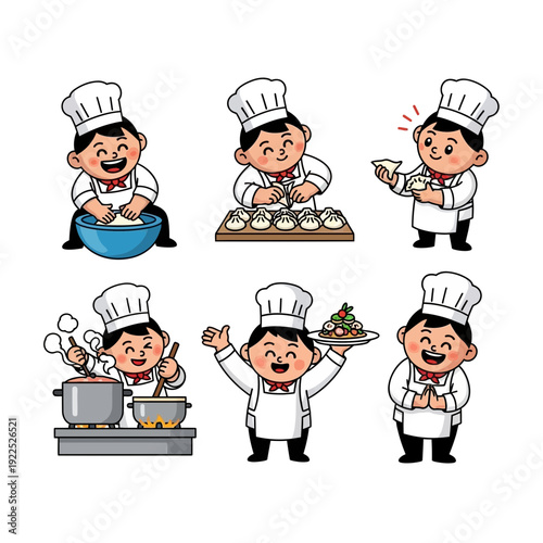 Cartoon children dressed as chefs preparing and serving food.