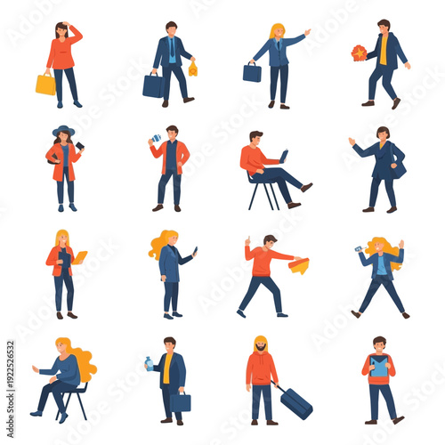 Collection of diverse people using smartphones and carrying luggage in various poses.