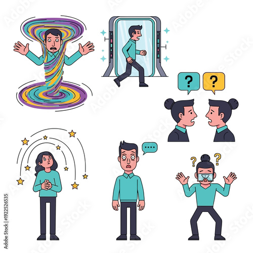 Series of cartoon characters expressing confusion, surprise, and contemplation.