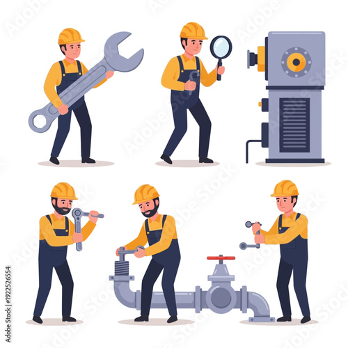 Group of workers using tools and machinery in an industrial setting