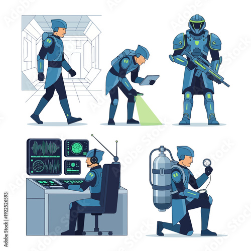 Illustration of astronauts in space suits performing various tasks in a spacecraft.