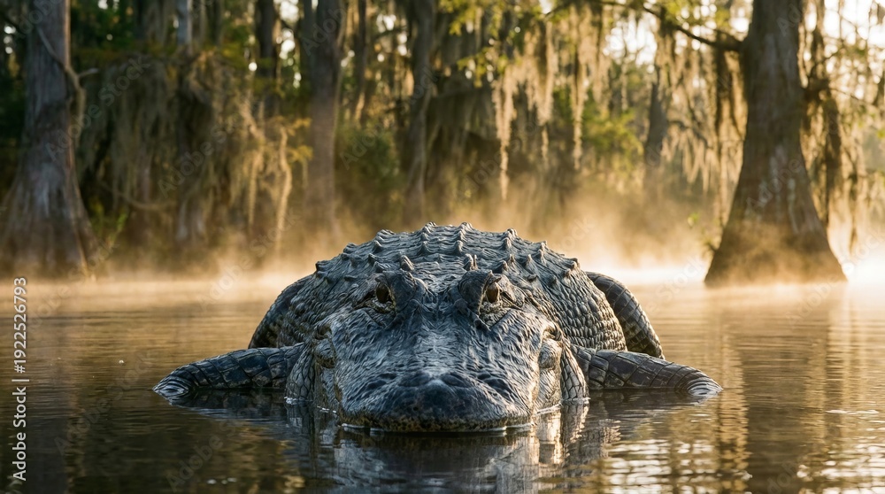 Obraz premium Alligator resting partly submerged in the tranquil swamp water during a misty sunrise, surrounded by cypress trees draped with spanish moss, showcasing wildlife and the wild nature of the bayou