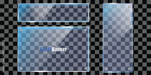 A glass banner template with a transparent and reflective surface on a grey and black checkered background silhouette