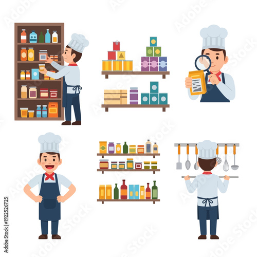 Cartoon chefs organizing and preparing ingredients in a kitchen setting.