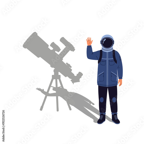 Astronaut in space suit waving next to a telescope.