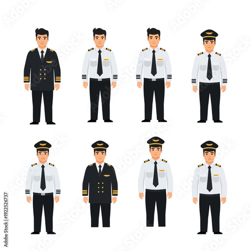 Eight cartoon pilots in uniform, four in white shirts and four in dark suits.