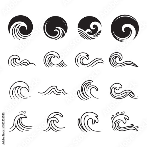 Dynamic wave symbols in minimalistic style with curved lines and bold patterns