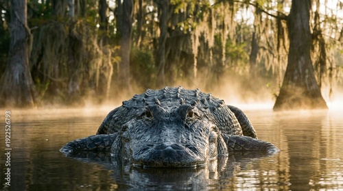 Alligator resting partly submerged in the tranquil swamp water during a misty sunrise, surrounded by cypress trees draped with spanish moss, showcasing wildlife and the wild nature of the bayou