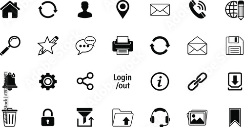 Black and white user interface icons, digital web elements, communication symbols, office tools, technology design resources, modern vector illustration, software application navigation graphics