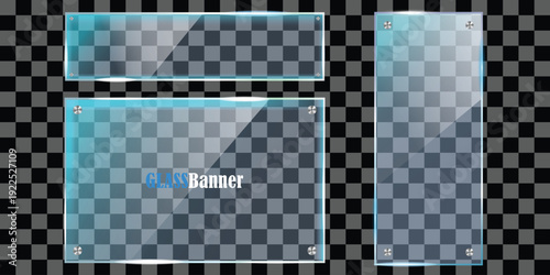 A glass banner template with a transparent and modern design on a grey background silhouette