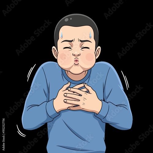 Cartoon of a person clutching their chest with a pained expression and sweating.