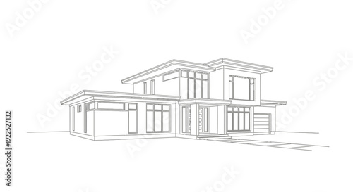 A detailed architectural line drawing of a modern two-story house with large windows and a flat roof, showcasing its contemporary design and clean lines.