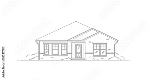 Architectural drawing of a single-story residential house with a pitched roof, featuring multiple windows and a central entrance.
