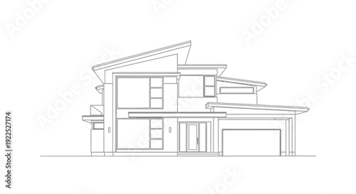 Architectural drawing of a modern two-story house with a multi-level roof and attached garage, showcasing clean lines and contemporary design elements.