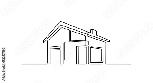 A minimalist, single-line drawing of a modern house with a pitched roof, chimney, garage door, and windows.