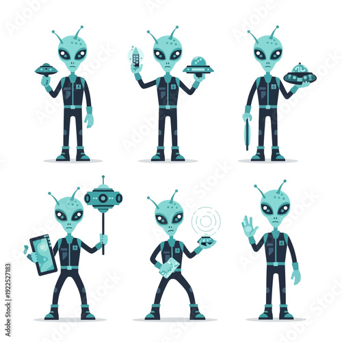 Collection of cartoon alien characters engaging with futuristic technology and gadgets.