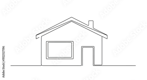 A minimalist, single-line drawing of a house with a window, door, and chimney, set against a plain white background.