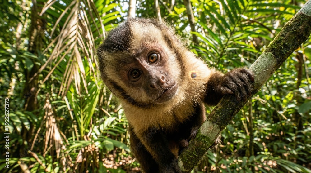 Obraz premium Capuchin monkey looking directly into the lens, showing curiosity and intelligence while observing its surroundings in the vibrant green natural habitat of the rainforest