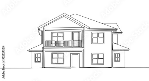 Architectural drawing of a two-story house with a balcony and multiple windows, presented in a clean line art style.