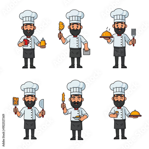 Cartoon chefs in various poses wearing traditional chef hats and uniforms.