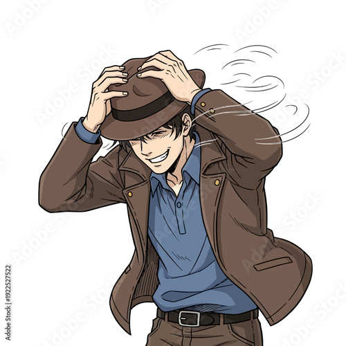 Young man adjusting his hat with a cheerful expression.