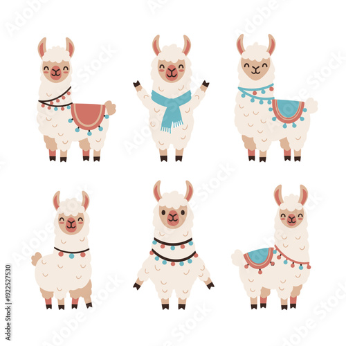 Six cartoon alpacas with various accessories and expressions.