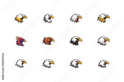 Collection of fierce eagle and falcon emblems in various styles.