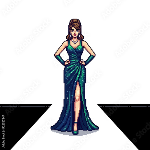 Woman in a glamorous, starry evening gown walking on a runway.
