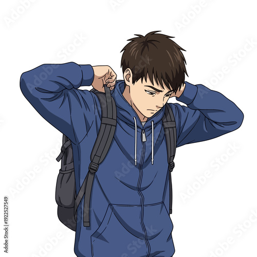 Young man adjusting backpack straps, wearing a blue hoodie and carrying a backpack.