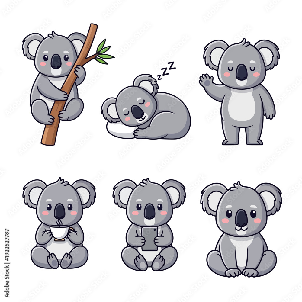 Fototapeta premium Cartoon koalas in various poses, including sleeping and using a phone.