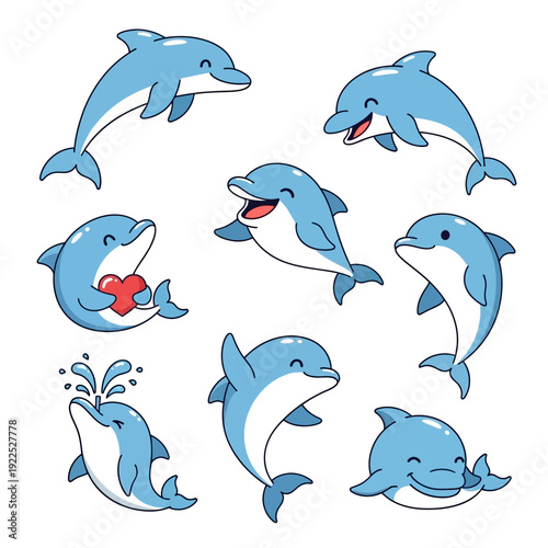 Collection of cartoon dolphins displaying various playful and happy poses.