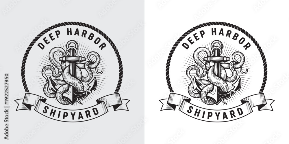 Obraz premium Deep Harbor Shipyard Logo featuring Anchor and Kraken Octopus Tentacles