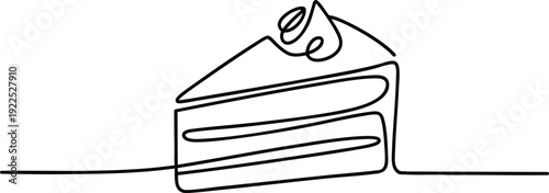 Continuous Line Art: Cake Slice, Minimalist Dessert Outline Sketch, One-Line Pastry Illustration, Simple Cake with Topping Line Drawing, vector, illustration, silhouette.