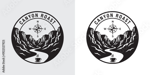 Canyon Roast Coffee Logo Design with Compass Rose and Mountain Valley Landscape