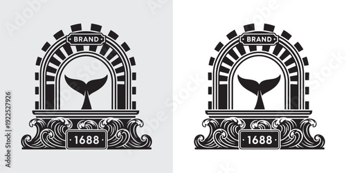 Vintage Nautical Whale Tail Logo with Ocean Waves and Decorative Arch Framework