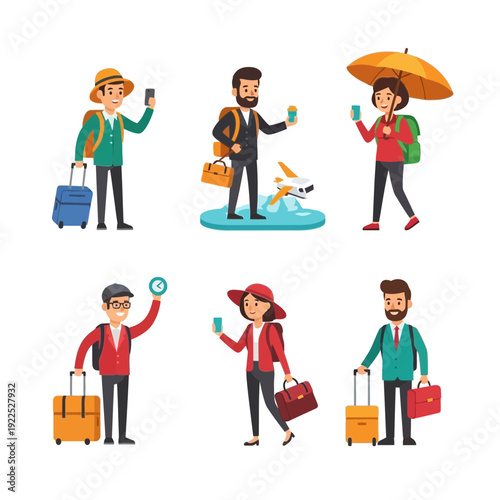 Six travelers with luggage and drinks, preparing for or arriving at an airport.