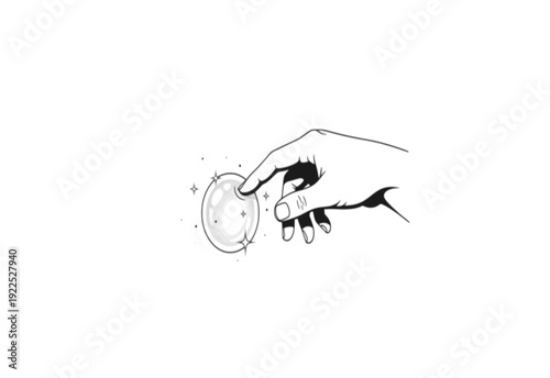 Sensory Hand Touching Sparkle Bubble Sticker Silhouette. Tactile Human Connection and Minimalist Mindfulness Concept Vector.