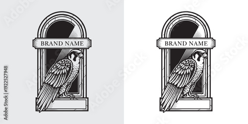 Detailed Falcon Bird Portrait Logo in Classic Arch Window Frame Illustration