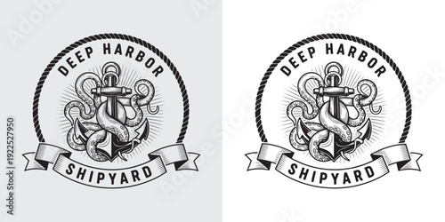 Deep Harbor Shipyard Logo featuring Anchor and Kraken Octopus Tentacles