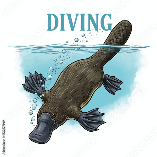 Cartoon platypus wearing a diving mask swimming underwater.