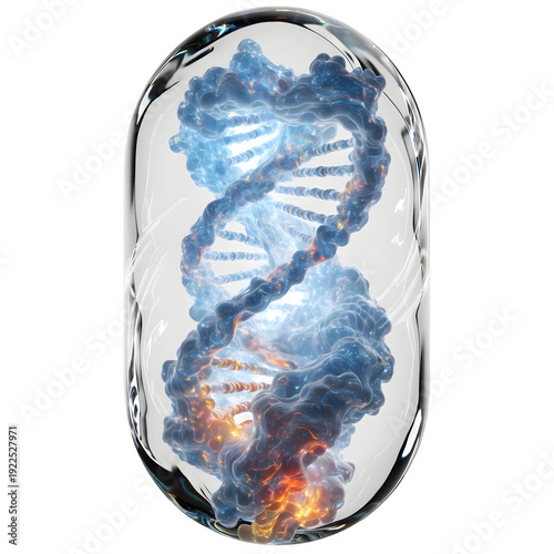 A fascinating depiction of a DNA double helix encased in a glass capsule isolated on transparent background
