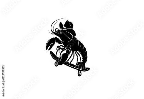 Funny Lobster Wearing Cowboy Hat on Skateboard Sticker Silhouette. Quirky Surreal Silliness and Humorous Character Design Vector.