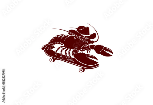 Funny Lobster Wearing Cowboy Hat on Skateboard Sticker Silhouette. Quirky Surreal Silliness and Humorous Character Design Vector.