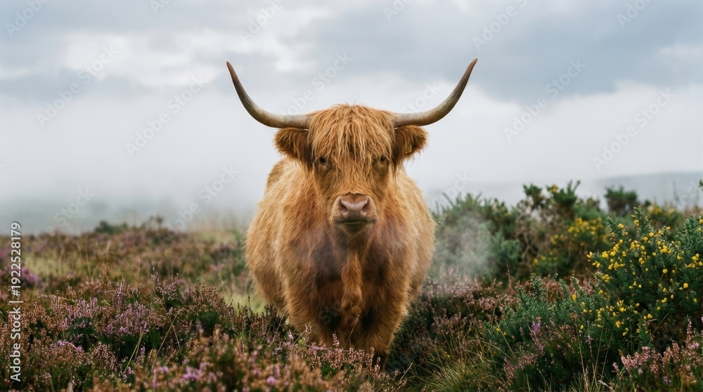 Fototapeta premium Highland cow standing upright. Looking directly ahead. Surrounded by blooming purple heather and yellow gorse on a vast. Misty moorland under an overcast sky. Embodying scottish nature and wilderness