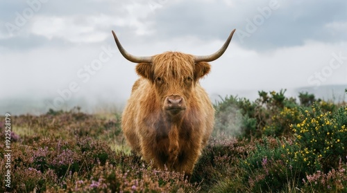 Highland cow standing upright. Looking directly ahead. Surrounded by blooming purple heather and yellow gorse on a vast. Misty moorland under an overcast sky. Embodying scottish nature and wilderness