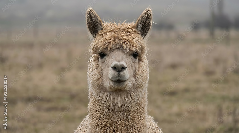 Fototapeta premium Alpaca with light colored wool standing outdoors in a brown field, observing the camera with a calm expression on its face, showcasing its unique animal features