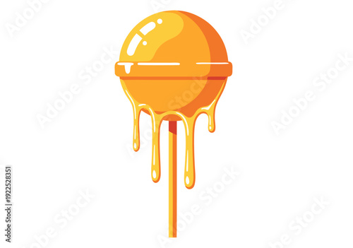 Vector illustration of vibrant orange glossy lollipop with cylindrical band and dripping stick, dynamic food design, high detail