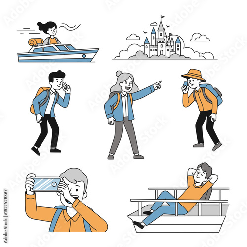 Cartoon illustrations of people traveling, sightseeing, and taking photos.